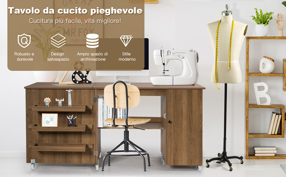 Tavolo pieghevole da cucito con ruote bloccabili