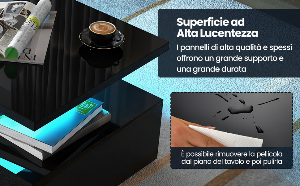 Tavolino Da Caffè Moderno HOMMPA Con Luce LED E Contenitore – Nero Lucido, Piano Sollevabile, 2 Cassetti E Scomparto Nascosto - 5