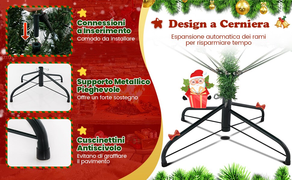 COSTWAY Albero di Natale 180/210cm, Albero di Natale Incernierato con 260/350 Luci LED Incorporate Multi-Color, 666/1006 Rami, Base Pieghevole, Decorazione Natalizia per Casa e Negozio (210 cm