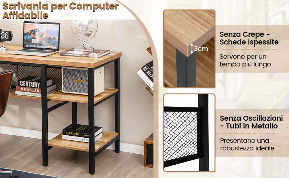 Scrivania Angolare A L BAKAJI Con Libreria 2 Ripiani - Tavolo Da Lavoro In Metallo Nero E Legno Effetto Anticato - Design Industriale Per Ufficio O Cameretta - 138x138x76 Cm - 3