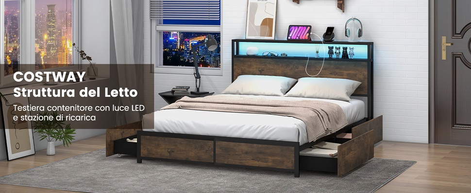 Gohapins – Struttura Letto Matrimoniale In Metallo Bianco Con Testiera, LED RGB E Porte USB, Contenitore Integrato