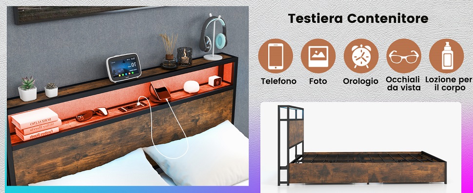 Struttura Letto Matrimoniale In Metallo Con Testiera Imbottita – Luci LED RGB, Porte USB E Prese, Ripiani, Nero, Fino A 408 Kg