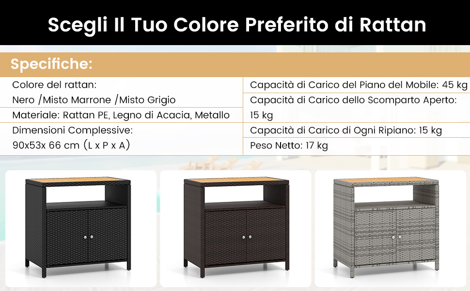 Credenza Armadietto Portaoggetti Rattan Piano Legno Acacia Mobile Buffet Esterni 2 Ante Marrone 90230275
