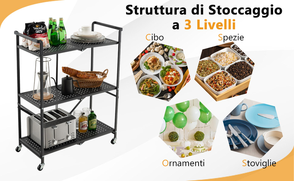 COSTWAY Carrello da portata pieghevole a 3 livelli, carrello da cucina mobile, carrello, 72,5 x