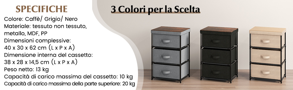 COSTWAY Cassettiera In Tessuto 3 Cassetti, Struttura In Metallo, 40x30x62 Cm, Grigio - 5