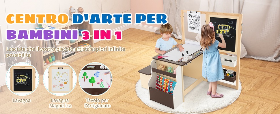 Cavalletto Bimbi HOMASIS 3 In 1 – Lavagna A Doppia Faccia Con Tavolo, Panca E Libreria, Regolabile, Grigio