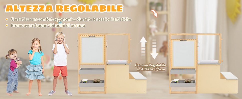 HOMASIS Lavagna Per Bambini Con Cavalletto Regolabile – Set 3 In 1 Con Tavolo, Panca E Libreria – Grigio - 6