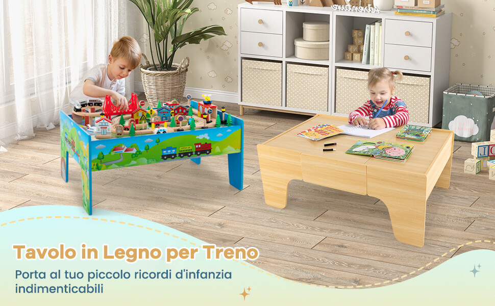 FANTASK Tavolo Da Gioco In Legno Con Set Ferrovia 80 Pezzi, Piano Reversibile 2 In 1, Per Bambini Dai 3 Anni - 4