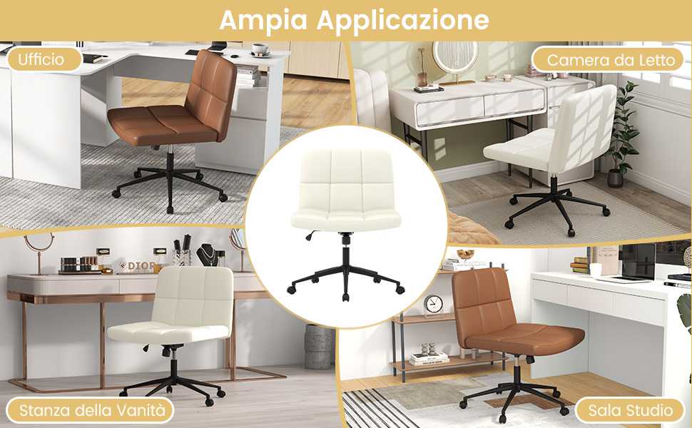 Sedia A Gambe Incrociate Con Ruote – Poltroncina Da Toeletta Larga Senza Braccioli – Sedia Ufficio Girevole In Pelle PU Con Schienale – Portata 136 Kg - 2