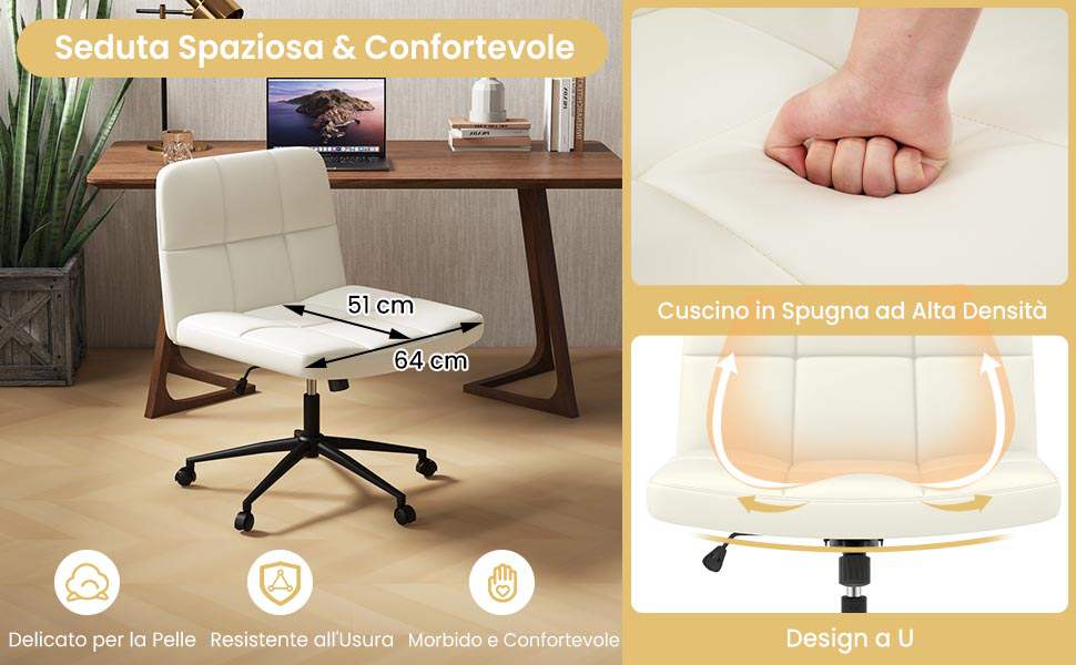 Sedia A Croce Con Ruote, Pelle Ecologica PU, Seduta Larga 61 Cm, Senza Braccioli, Girevole, Altezza Regolabile, Portata 136 Kg