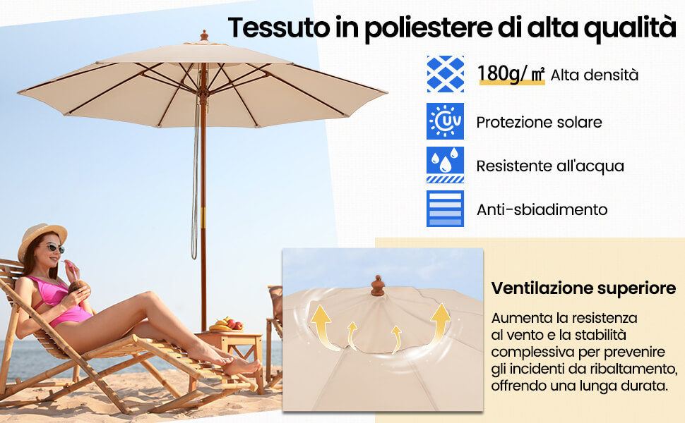 COSTWAY Ombrellone da Giardino 293 cm a 3 Livelli, Ombrellone da Esterno con Doppia Ventilazione, Inclinazione Regolabile, con Manovella 8 Stecche, per Spiaggia Giardino Piscina (Caffè
