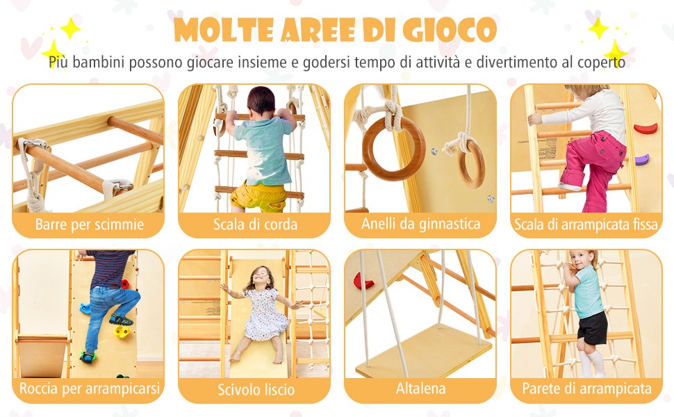 RELAX4LIFE 8 in 1 Triangolo da Arrampicata Multifunzione, Parco Giochi in legno Massello con Scivolo, Altalena e Lavagna, Centro Attività da Giardino o Cameretta per Bambini 1 a 5 anni - Giochi