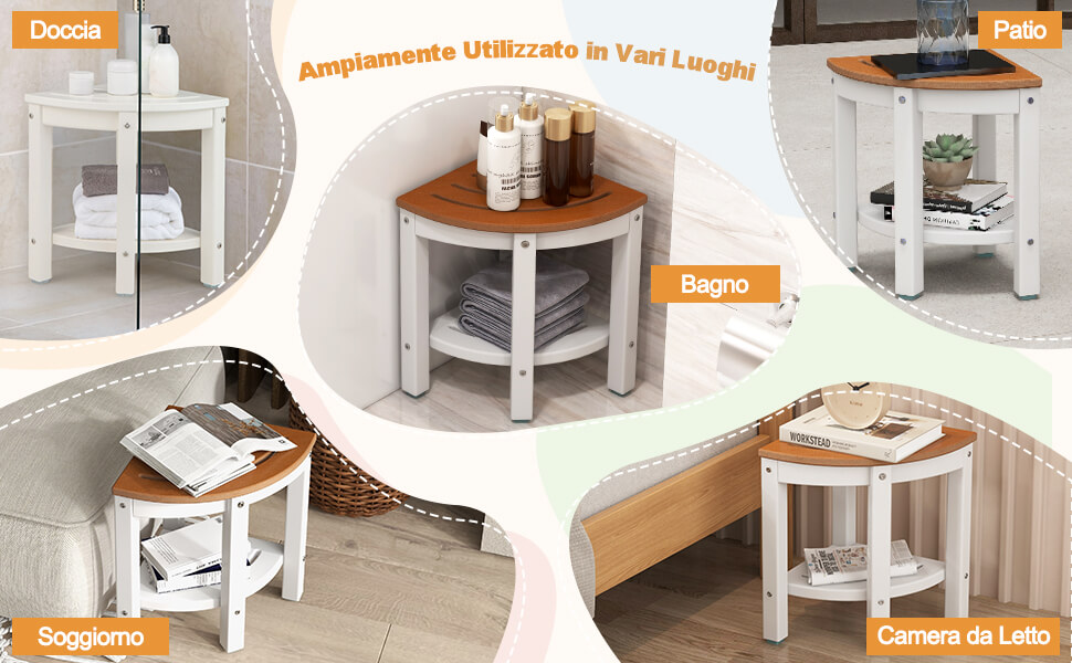 Panca Doccia Angolare Impermeabile In HDPE Con Doppio Ripiano - Sgabello Da Bagno Multiuso Con Piedini Regolabili