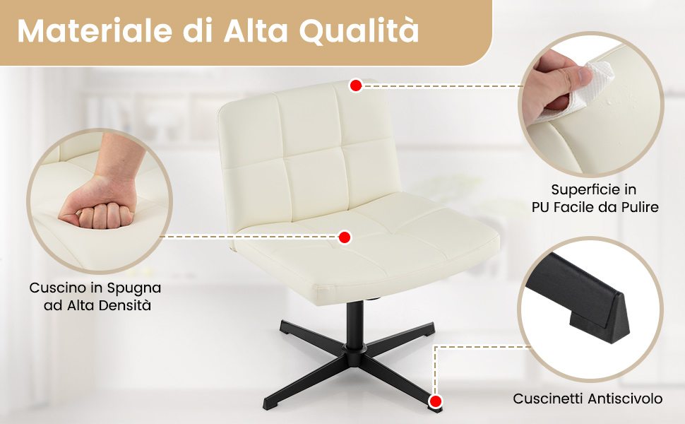 Sedia Da Ufficio A Gambe Incrociate Con Ruote, Senza Braccioli, Seduta Larga In Pile, Beige, Portata 136 Kg