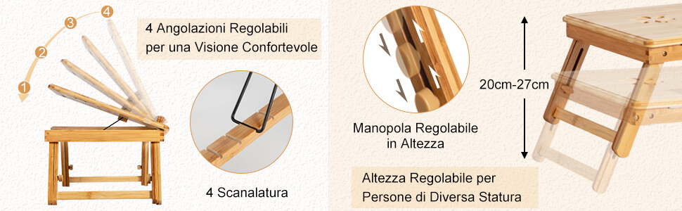 Scrivania regolabile in bambù per laptop, vassoio pieghevole