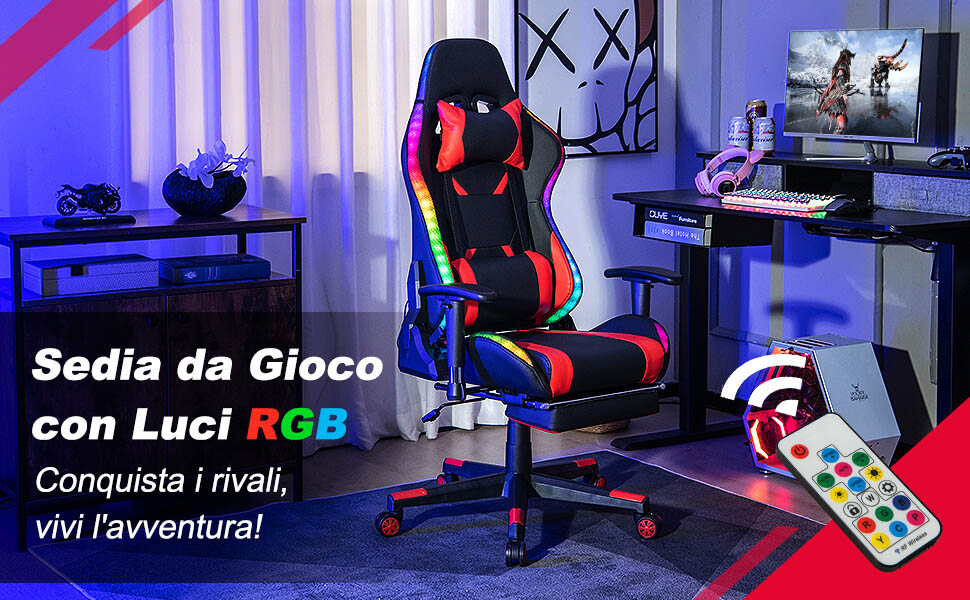 Sedia da gioco con altoparlanti e luci a LED RGB, sedia da ufficio per video musicali con poggiapiedi e supporto lombare, sedia ergonomica da scrivania per computer per adulti,Bianca