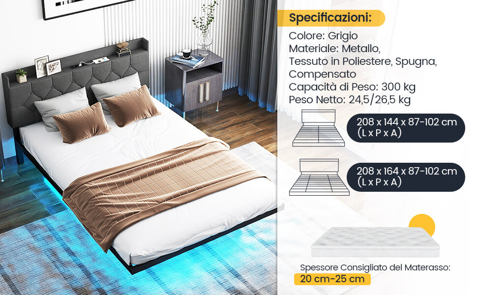 Struttura letto king size e testiera portaoggetti
