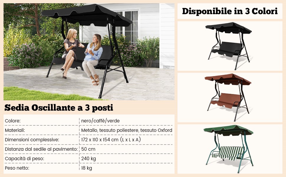 Dondolo Trend A 3 Posti Con Tetto - Design Messico Verde, Struttura In Acciaio, Cuscini In Cotone, Made In Germany, Peso Max 270 Kg