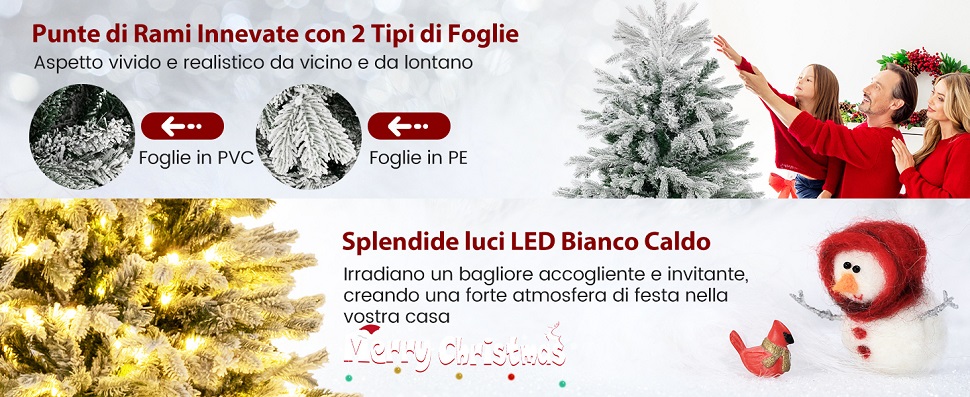COSTWAY Albero Di Natale Artificiale Flocked Rosa 185 Cm | Con 808 Rametti PVC, 350 Luci LED E 8 Modalità Di Illuminazione - 2
