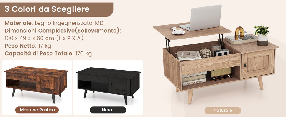 Tavolino da caffè con piano sollevabile e ripostiglio