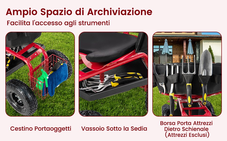 Sgabello da Carrello da Giardino su Ruote, Sedia Girevole Agricola Girevole a 360° Giardinaggio e Fai da Te per Piccoli Attrezzi da Giardino per Giardino Esterno (Colore : Rosso) (Rosso Piccolo