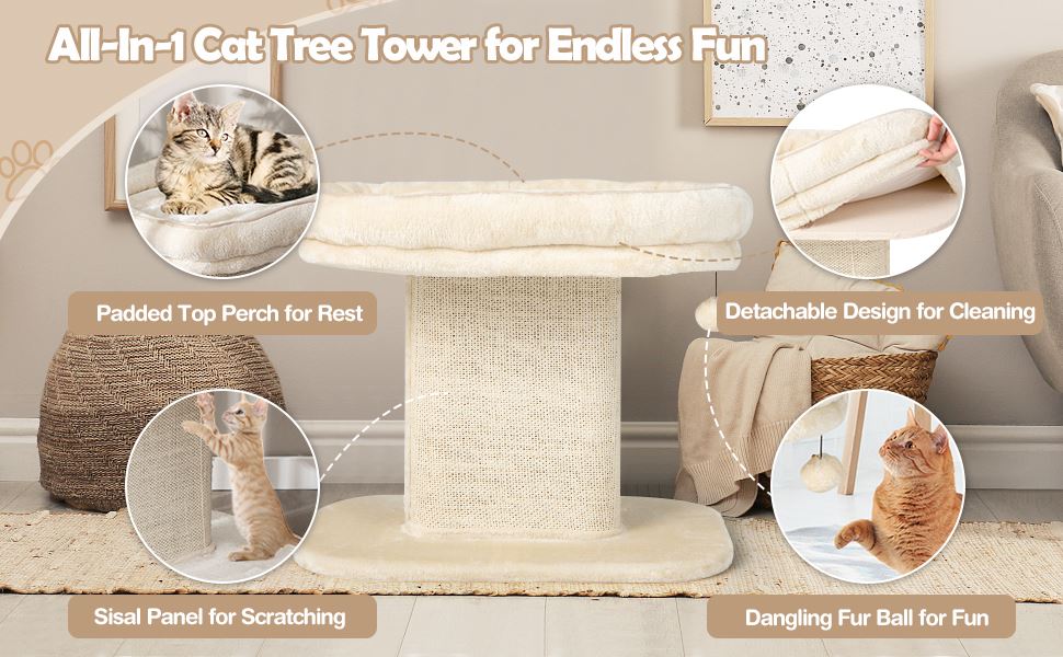 COSTWAY Modern Kattenboom Toren Grijs - Met Pluche Zitstok, Sisal Krabplaat & Hangende Bal