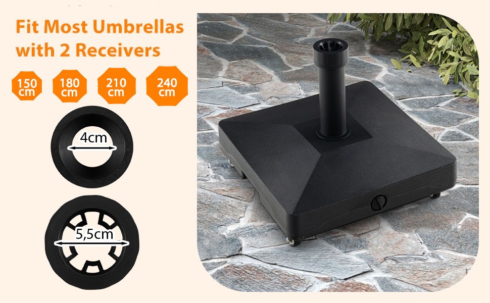 Geschikt voor de meeste terrasparasols met een stangdiameter van 32 mm/48 mm